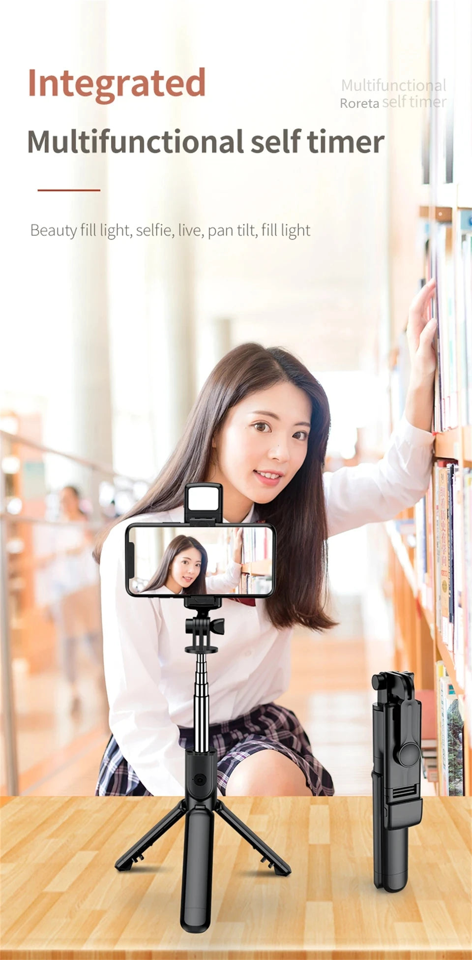 Portable Bluetooth Selfie Stick Retractable Multifunctional Phone HoldeTripod With Selfie light Wireless Remote Shutter stand