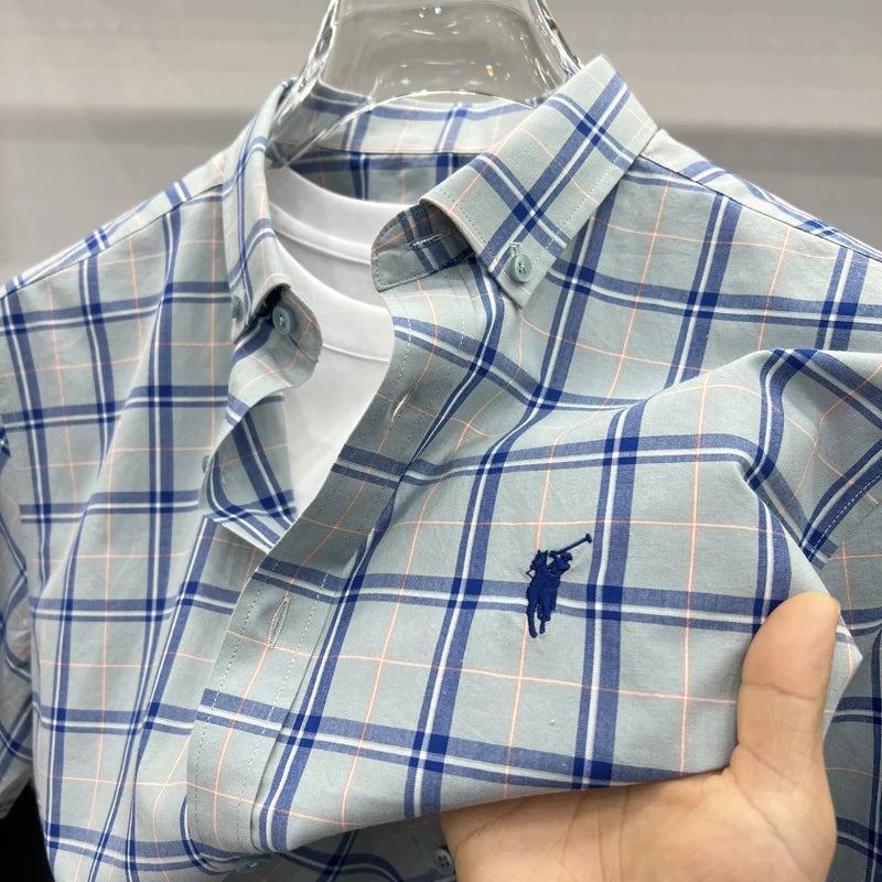 Paul's Plaid Short Sleeve Shirt Men's Summer High-End Small Pony Logo 100% Pure Cotton Half-Sleeve Casual Shirt