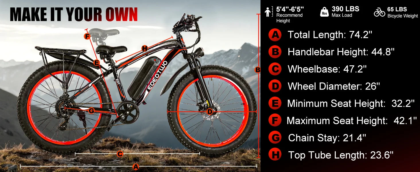EOEOTWO 1500W Electric Bike 48V 15Ah Battery 26" 4.0 Fat Tire Ebike 34MPH High Speed Mountain Bicycle Off-Road Snow Bike for Adults