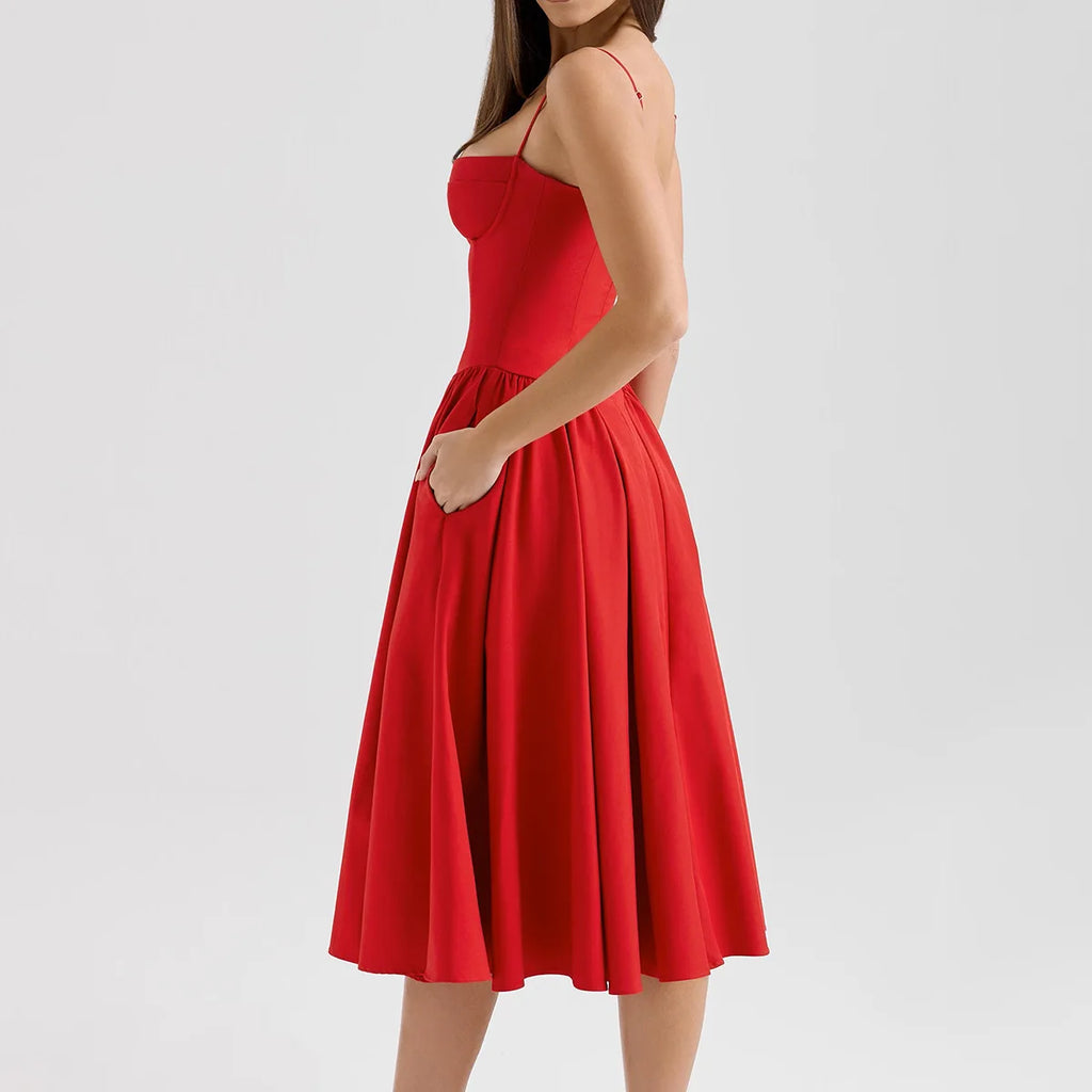 Suninheart Spaghetti Strap Summer Party Dresses 2025 New Arrivals Fit and Flare Elegant Midi Dress Red Night Date Dress